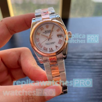 Copy Rolex 31 Datejust 2-Tone Rose Gold White Roman Dial Watches